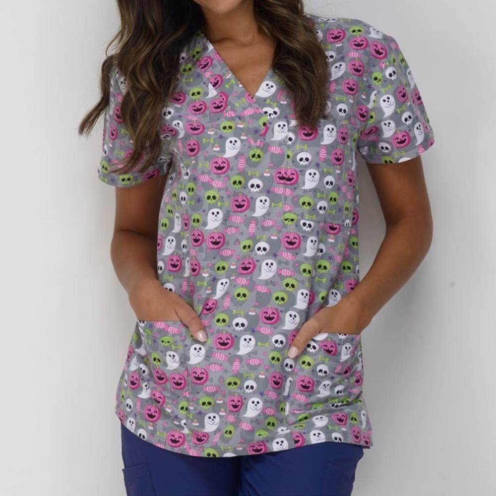 Divine Stretch By JDM Uniforms Grey Pink Halloween Spooky Scrub Top 2X